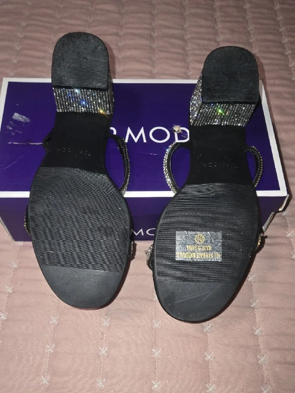 TOP Moda Black Rhinestone Double-Strap Block Heel Sandals